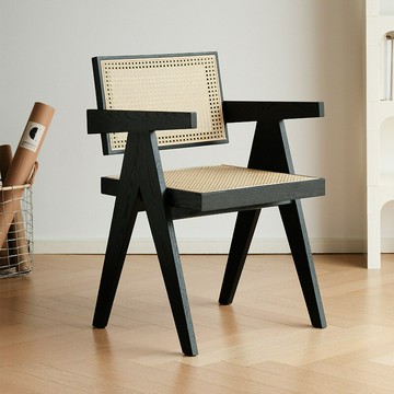 【含稅/免運】 侘寂風黑色家用復古設計師休閑椅昌迪加爾椅實木藤編靠背扶手餐椅