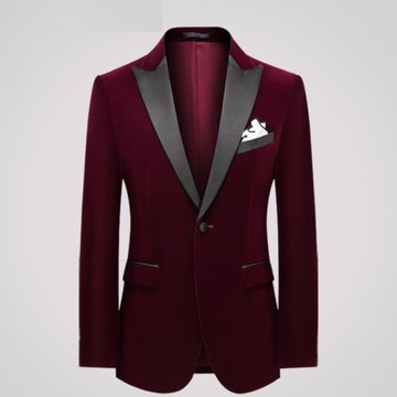 啄木鳥酒紅色天鵝絨面西裝男套裝紳士新郎舞臺宴會結婚晚禮服西服