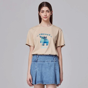 moz瑞典 格紋駝鹿 舒適柔棉 100%純棉短T-伯爵奶茶(亞洲版)女款