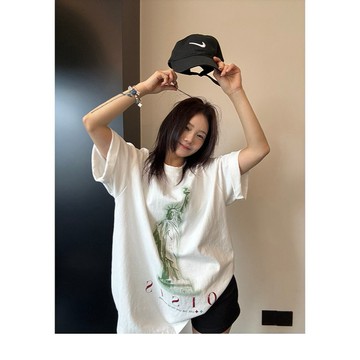 【RICECAKE & OISIS】美式簡約 復古印花 短袖t恤 高級感 百搭 oversize 上衣 女
