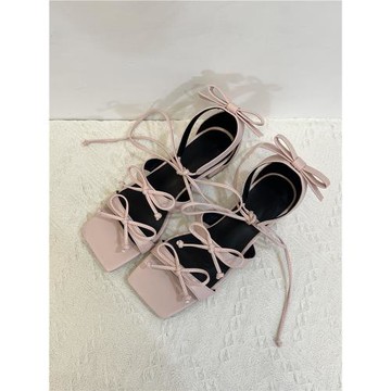 阿Q哥 蝴蝶結裝飾系帶高跟涼鞋2024夏季新款粉色羅馬方頭綁帶鞋子