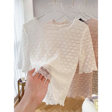 白色蕾絲上衣女夏季中袖木耳鏤空內搭紗衣薄款透視短袖網紗打底衫