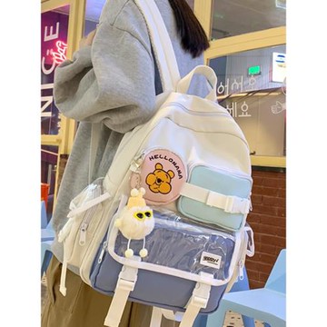日系可愛小熊書包少女撞色初高中學生大容量透明層痛包輕便雙肩包