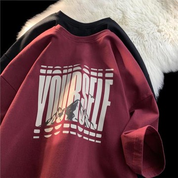 紅色t恤男夏季重磅純棉短袖美式復古情侶體恤字母印花設計感上衣