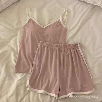 【臺灣出貨】夏天睡衣 涼感睡衣 帶胸墊睡衣 胸墊睡衣 吊帶背心 女裝睡衣 家居服 睡衣套裝 吊帶睡衣 女生睡衣 冰絲睡衣