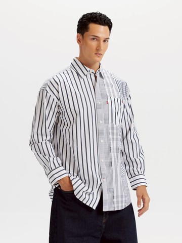 長袖襯衫 牛津領 條紋襯衫 拼接襯衫 黑條紋 男款 熱賣單品