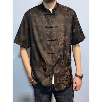 夏季唐裝男士短袖襯衫提花寬松大碼休閑中山裝爸爸裝茶禪服漢服潮