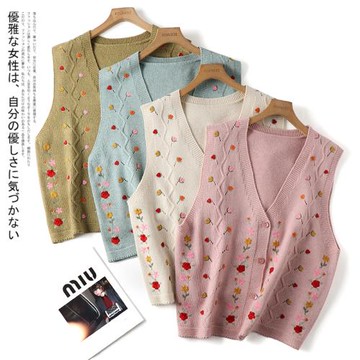 凜美日系森女風春季新款V領前開扣重工刺繡馬甲疊穿甜美復古坎肩