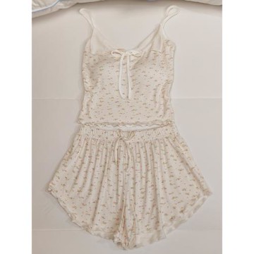 帶胸墊睡衣女夏季小碎花吊帶短褲兩件套薄款甜美性感莫代爾家居服