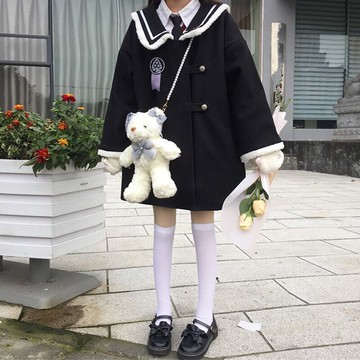 冬季呢子大衣加厚小個子海軍領寬松韓版中長款秋冬黑色毛呢外套女