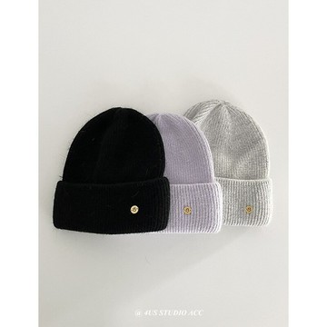 韓版純色金屬標毛線帽女2023冬季新款百搭加厚保暖針織帽子