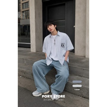 【PORY STORE】獨家！韓系字母刺繡短袖襯衫 舒適 實拍 百搭 韓系 男生 休閒襯衫 襯衫 短袖T恤