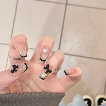 🎀台灣出貨🎀法式甜酷純手工穿戴甲貓眼氣質黑色裸色蝴蝶結氛圍顯白感百搭宿舍