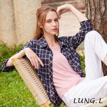 LUNG.L林佳樺 藍色格紋純棉七分袖女裝襯衫LQ91A