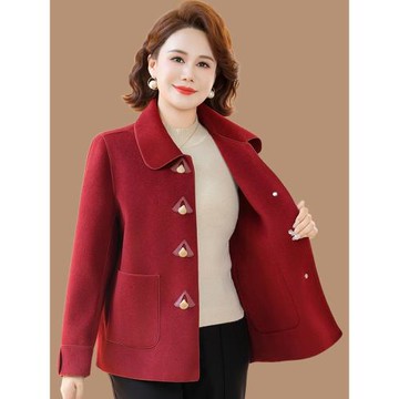 媽媽秋裝雙面呢外套短款2025新款中老年女裝春秋洋氣翻領毛呢上衣