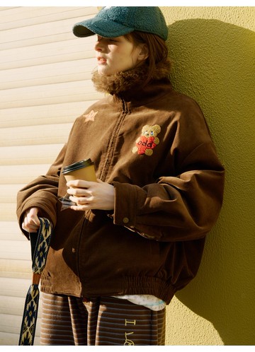 odd maker毛領燈芯絨貼布繡毛絨夾克外套女冬季新款保暖百搭上衣