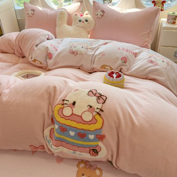 A類可愛貓咪牛奶絨毛巾繡四件套少女心加厚珊瑚絨被套三件套冬季