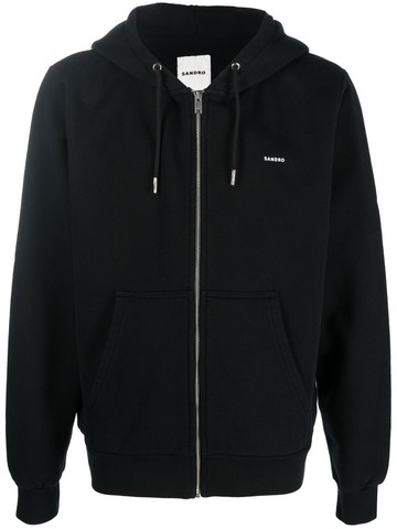 SANDRO - logo-print zip-up hoodie - men - Cotton/Polyester - XS - Black