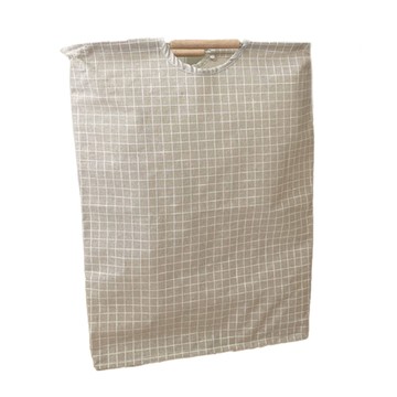 Hoom 禾慕生活 木把手洗衣籃 日系棉麻材質 可折疊  奶茶方格  大