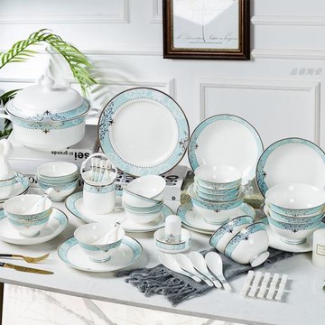 景德鎮陶瓷碗碟套裝家用歐式輕奢高檔骨瓷碗盤勺餐具送禮組合套裝