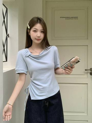 💕甜心大尺碼💕大尺碼上衣 2025夏裝新款胖mm大碼女設計感蕩領不規則抽繩短袖T恤