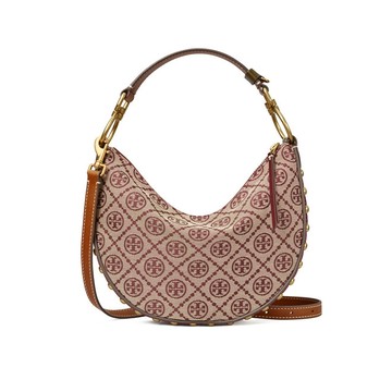 TORY BURCHT Monogram 25 經典老花拉鍊開合織物拼皮革拼絨面革飾邊 女款迷你新月包單肩斜跨斜背包 手提包 138884【 菲尼斯 國際精品 ★ 疊加現抵$1520 】
