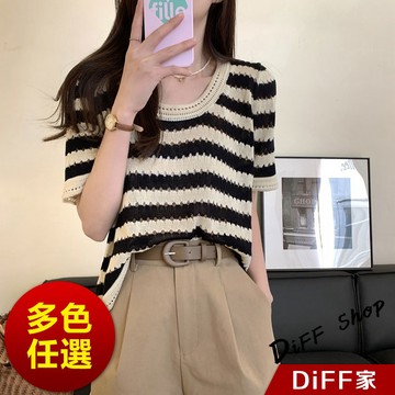 【DIFF】韓版復古條紋鏤空薄款微透針織上衣 短袖上衣 短袖t恤 女裝 顯瘦上衣 衣服 寬鬆上衣 素T【T467】