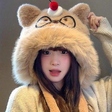 🔥臺灣出貨🔥可愛卡通小熊毛絨帽子圍巾一體女秋冬季韓系加厚防寒護耳圍脖連帽