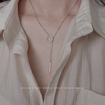 時髦 通體925純銀圓鉆長款項鏈網紅ins簡約設計氣質Y字鏈鎖骨鏈女1入