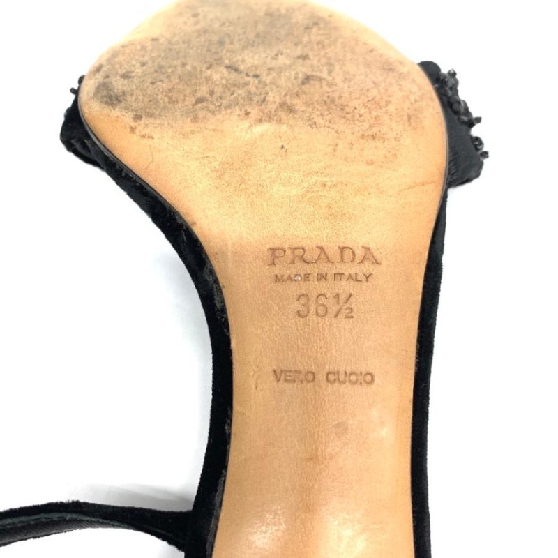 PRADA プラダ ビーズ装飾サンダル 36 1/2 ブラック ベロア アンクル