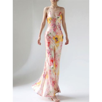 cicidream 夏季新品粉色淡水彩真絲混紡吊帶超長連衣裙