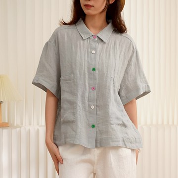 雙口袋設計 棉麻短袖襯衫324714
