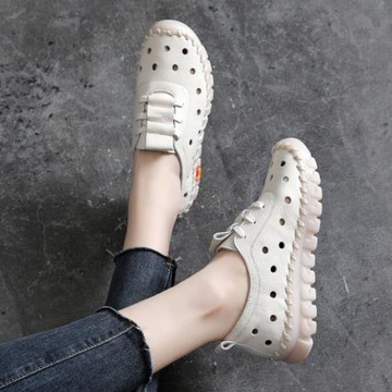 爆款單鞋透氣真皮旅游鞋新款小皮鞋軟底洞洞鞋百搭沖孔小白鞋軟面
