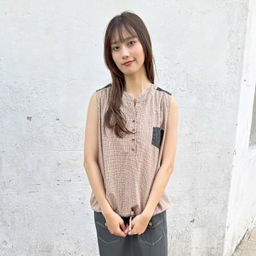 Hana-Mokuba花木馬日系女裝無袖格紋綁帶收口上衣_咖格/千鳥格