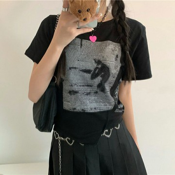 純棉美式復古不規則短袖t恤女夏季2022新款辣妹性感學生短款上衣