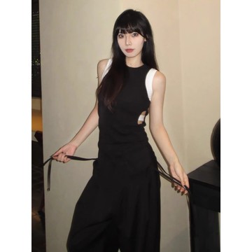 【NZN】辣妹黑色背心女內搭夏季款拼接無袖t恤緊身鏤空上衣設計感