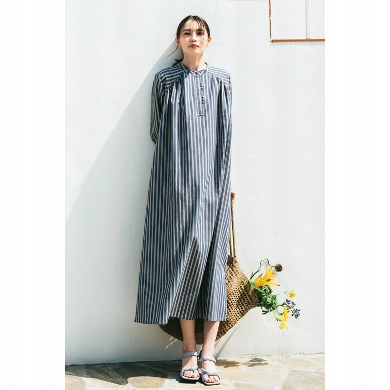 フェリシモ サッカー素材でイージーな着心地 バンドカラーのロングシャツワンピース Iedit Felissimo 通販 Lineポイント最大get Lineショッピング