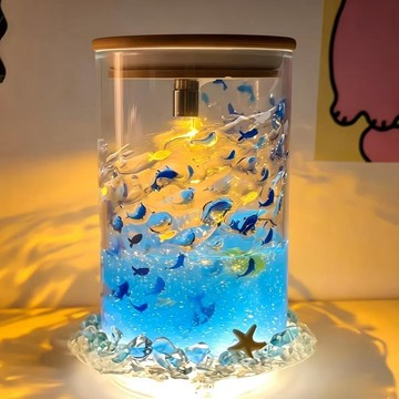新上架👉小魚浮游杯發光小夜燈diy材料包藍色海底世界旋轉夜燈手工禮物交換禮物 送朋友禮物