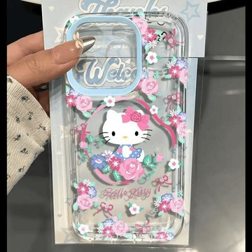 kitty手機殼 粉花朵kt貓適用蘋果15PROMAX手機殼iPhone14小眾13全包式12軟殼11