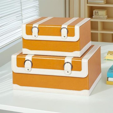 家用臥室床頭柜內衣褲收納箱皮革翻蓋箱灰白橙色創意潮