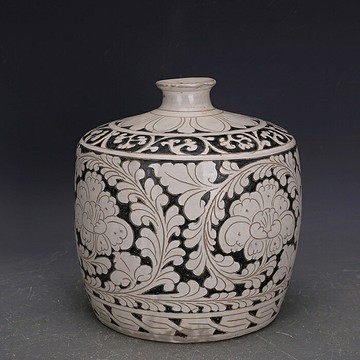宋代磁州窯白地黑彩牡丹紋燈籠罐出土老貨仿古瓷古玩古董復古裝飾