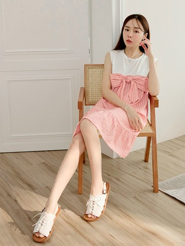 條紋蝴蝶結拼接荷葉洋裝
