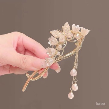 🔥品質超好🔥金屬材質不易斷古風鈴蘭花朵流蘇扭扭夾漢服蝴蝶珍珠髮夾高級感輕奢彈簧夾新款扭扭夾