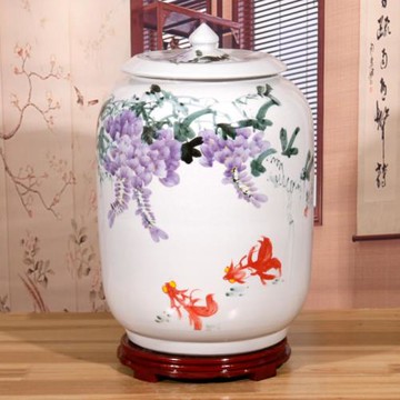 景德鎮陶瓷米缸米桶手繪帶蓋面粉桶30斤50斤防潮防蟲儲米箱凈水缸