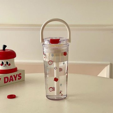 2025新款女生高顏值蘋果夏日耐高溫tritan水杯子雙飲口便攜帶吸管