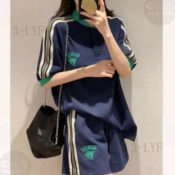台灣出貨⭐品牌 休閒運動套裝 女夏季加大尺碼條紋胖mm時尚洋氣短袖短褲兩件套 女裝夏季跑步服 五分褲上衣+短袖兩件