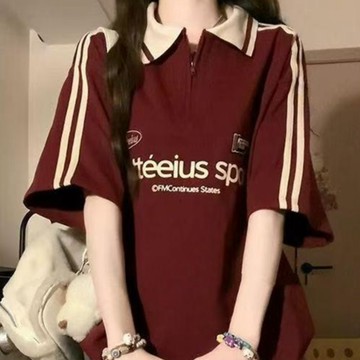 【韓系校園風】條紋POLO衫 女裝 短袖上衣 韓系上衣 學生上衣 寬鬆上衣 條紋上衣女 女上衣韓版 短袖T恤