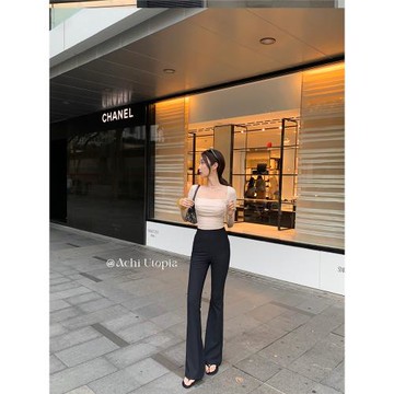 ACHI大也池黑色微喇瑜伽休閑褲高腰顯瘦彈力裸感長褲修身提臀褲子