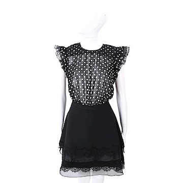 ELISABETTA FRANCHI 可拆式 蕾絲細節黑色圓點雪紡紗質洋裝