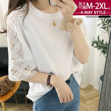 加大碼 T恤 日系精緻鏤空蕾絲五分袖圓領上衣(M-2XL)【XLM260532】＊艾美時尚(現+預)
